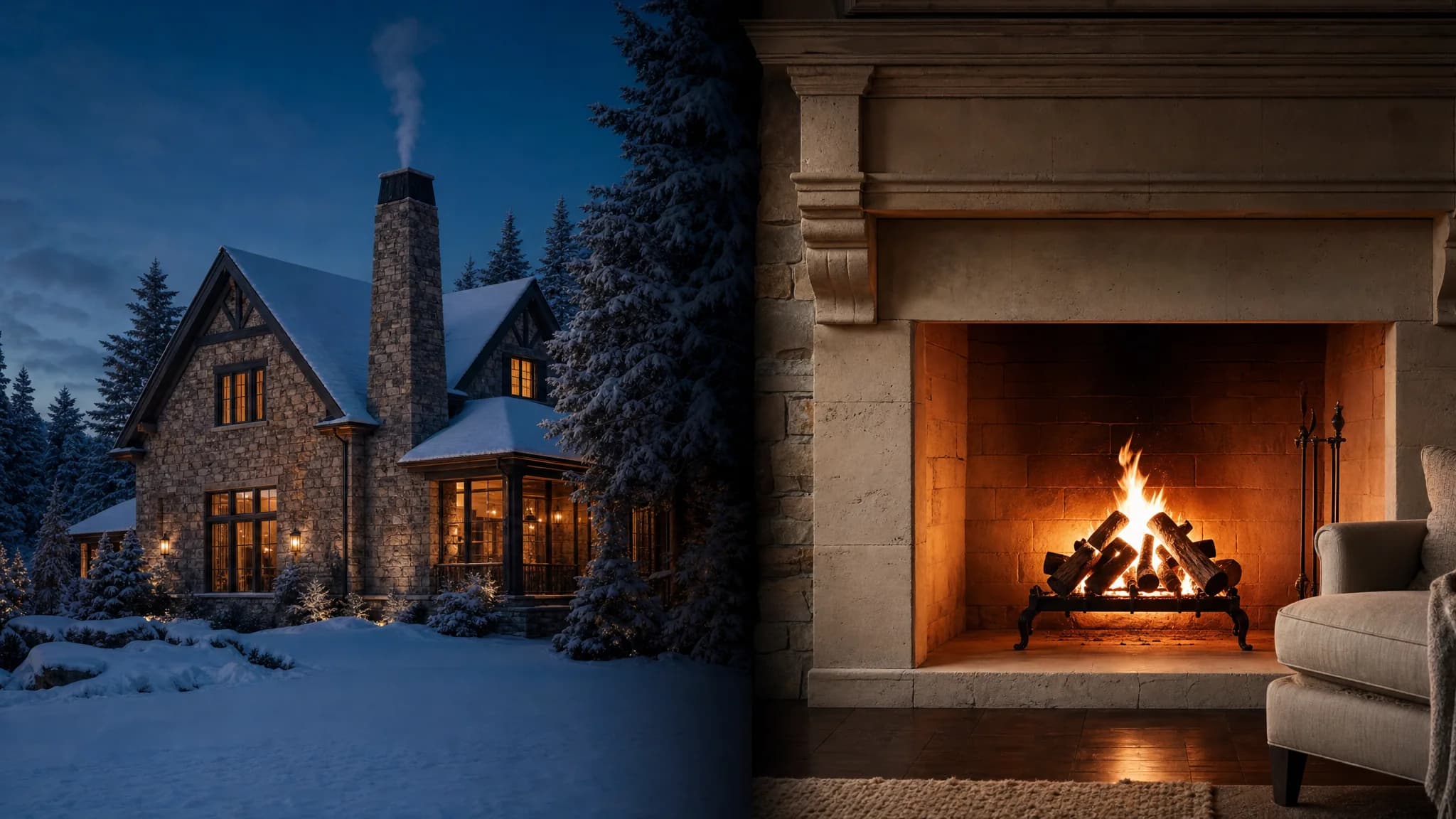 AI-generated brand scene: a snow-covered home beside a glowing fireplace