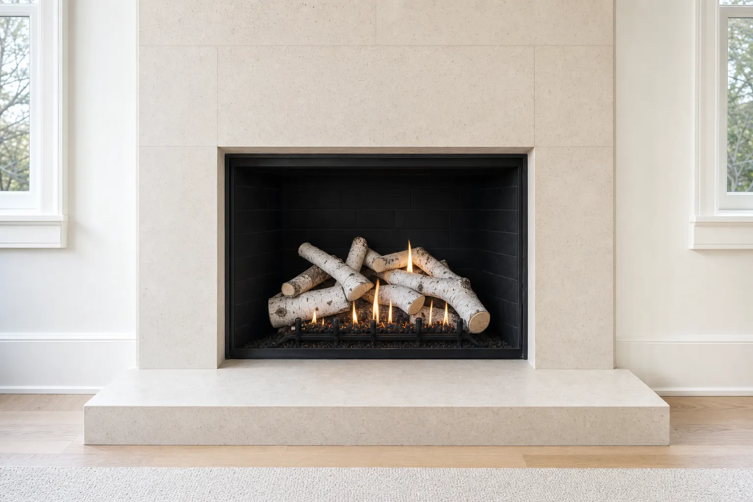 Design visualization, after: a fireplace with a light limestone surround with white birch-style gas logs in a deep black firebox
