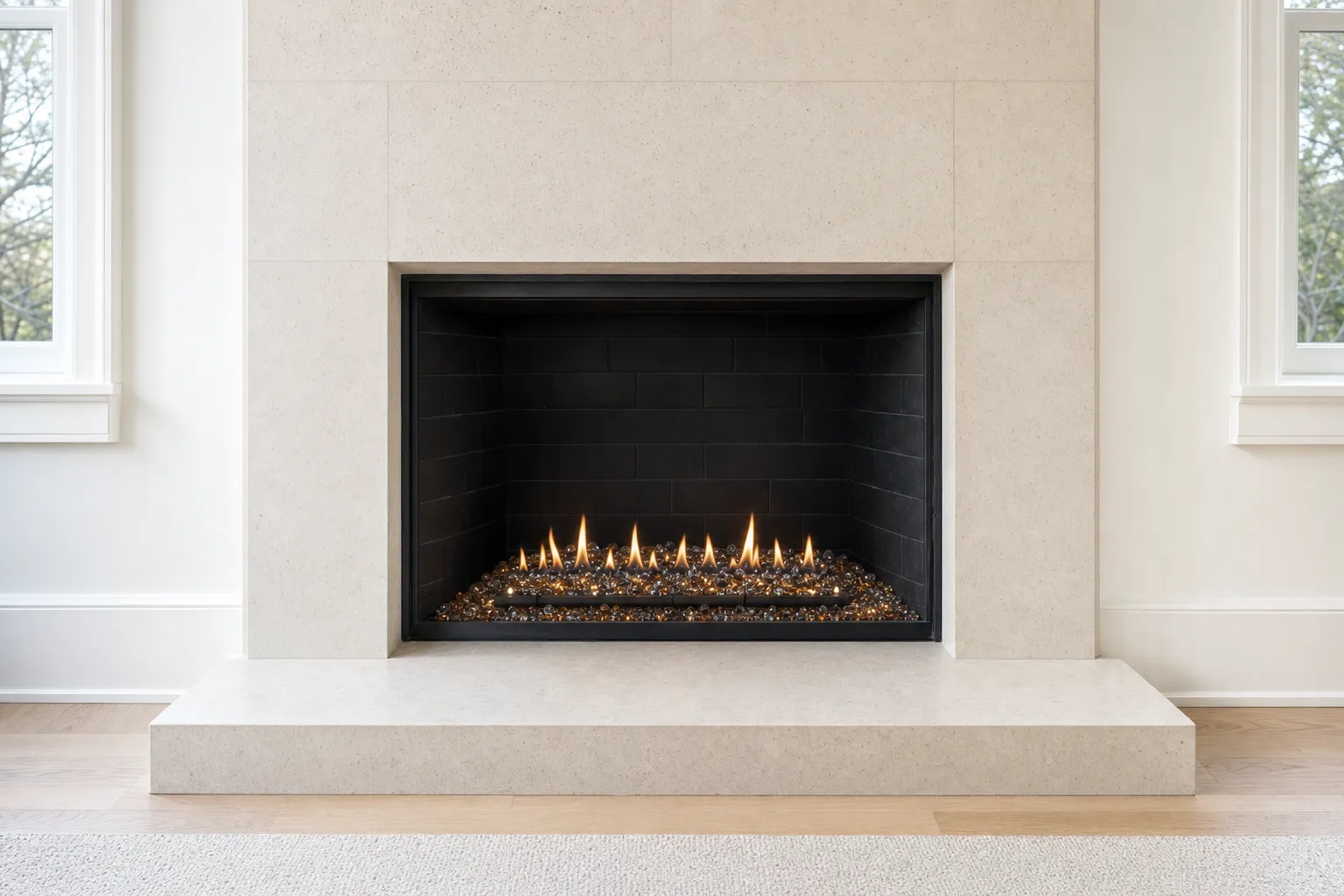 Design visualization, after: a fireplace with a light limestone surround with clear and amber fire glass under a low, even flame in a black firebox