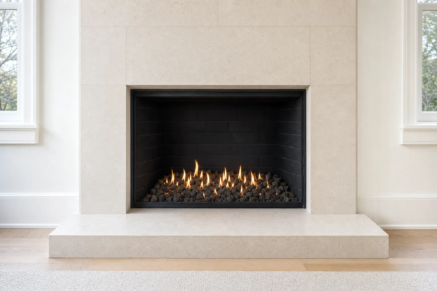 Design visualization, after: a fireplace with a light limestone surround with dark volcanic lava rock under a soft flame in a black firebox