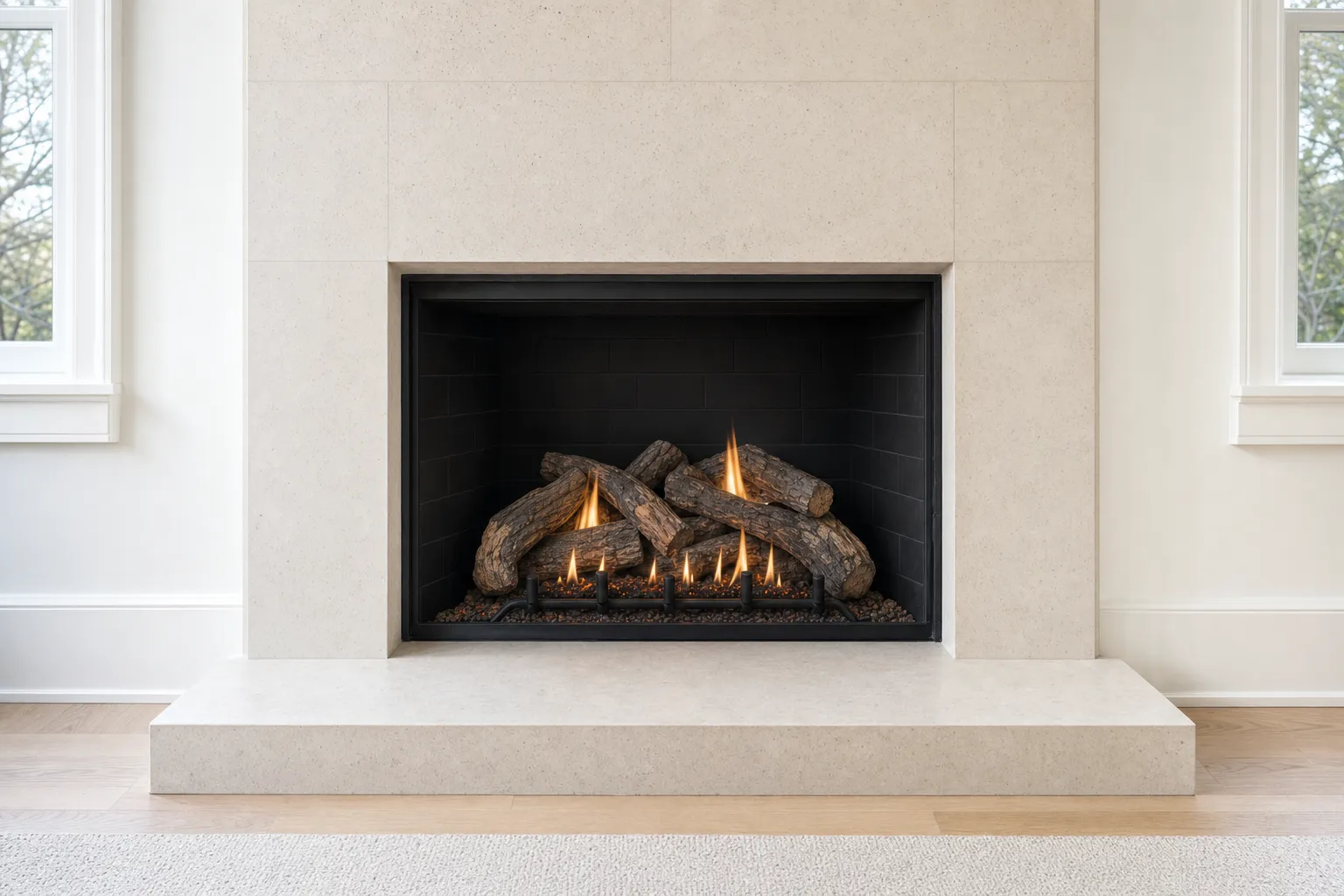 Design visualization, after: a fireplace with a light limestone surround with premium realistic oak-style gas logs over a subtle ember bed