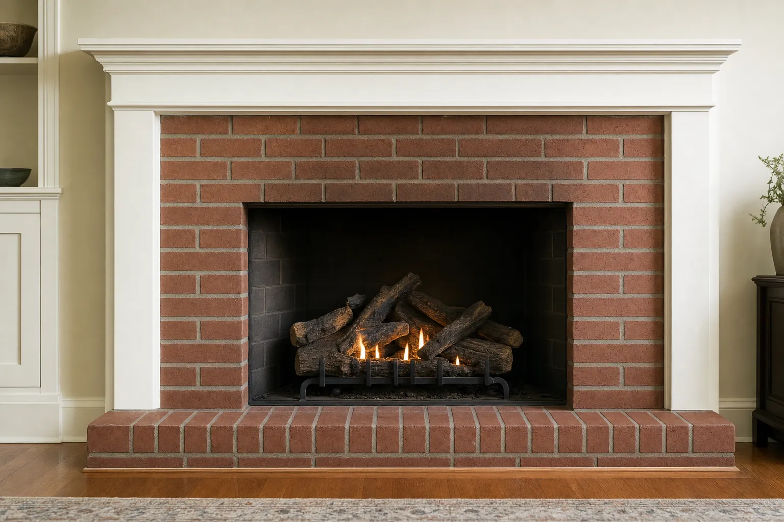 Design visualization, before: a red-brick masonry fireplace with dated dark gas logs on a plain grate