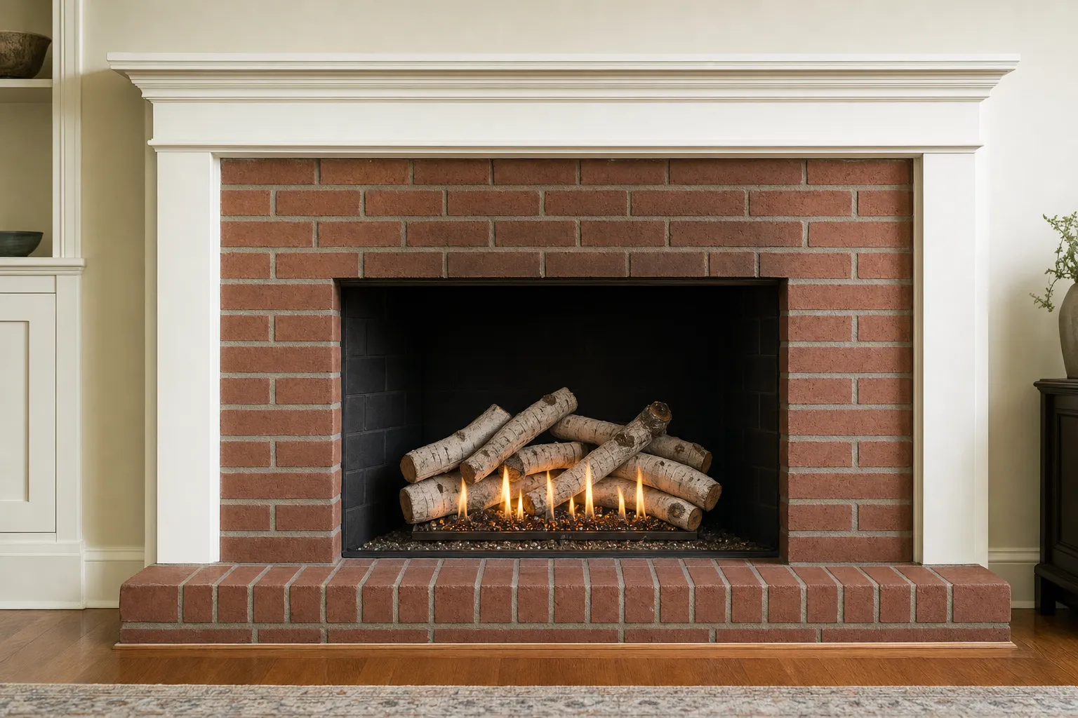 Design visualization, after: a red-brick masonry fireplace with white birch-style logs over clear and gold fire glass in a black firebox