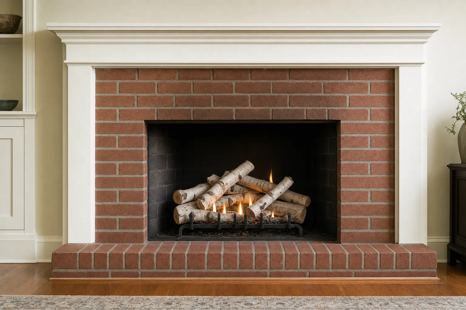 Design visualization, after: a red-brick masonry fireplace with white birch-style gas logs in a deep black firebox