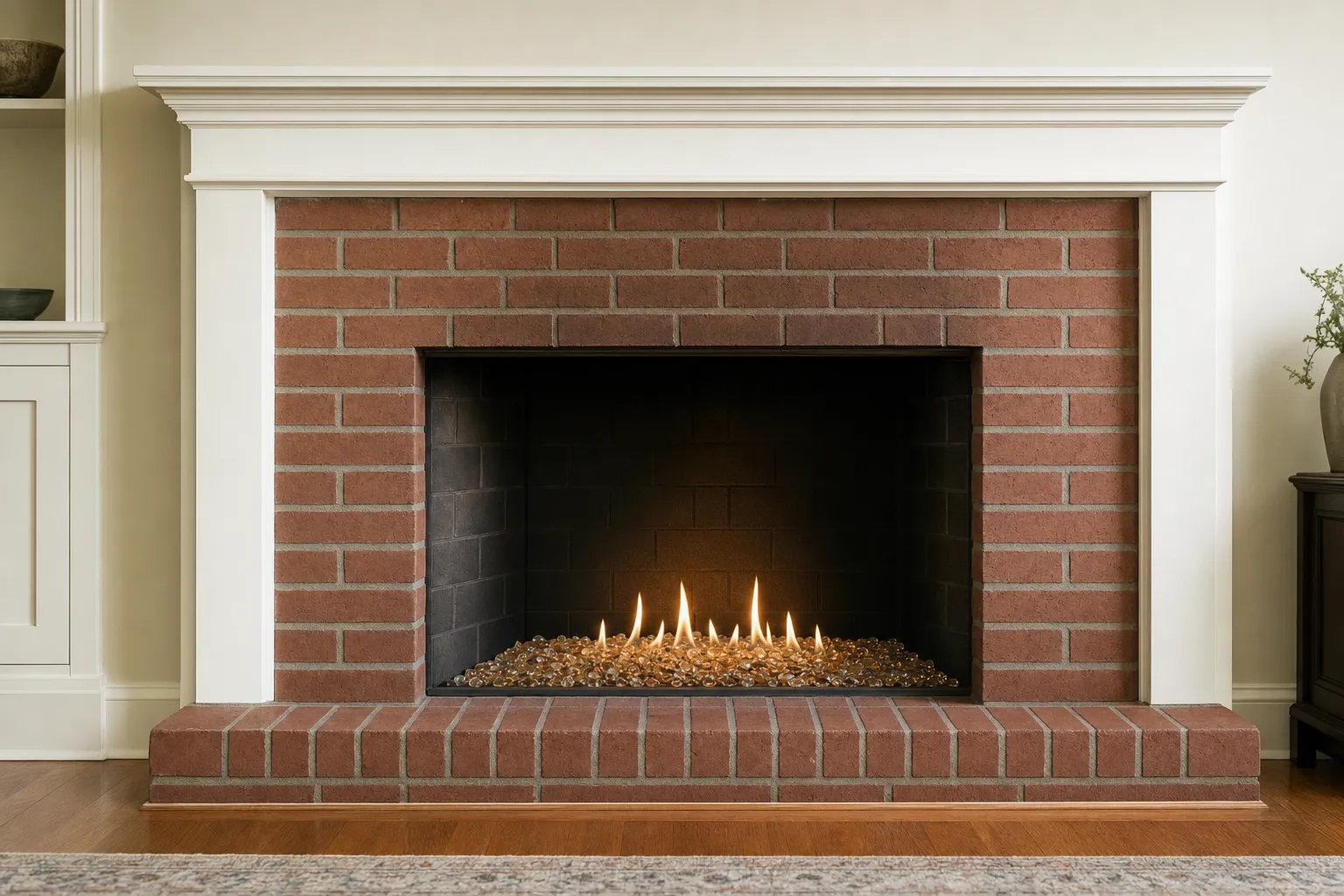 Design visualization, after: a red-brick masonry fireplace with clear and amber fire glass under a low, even flame in a black firebox
