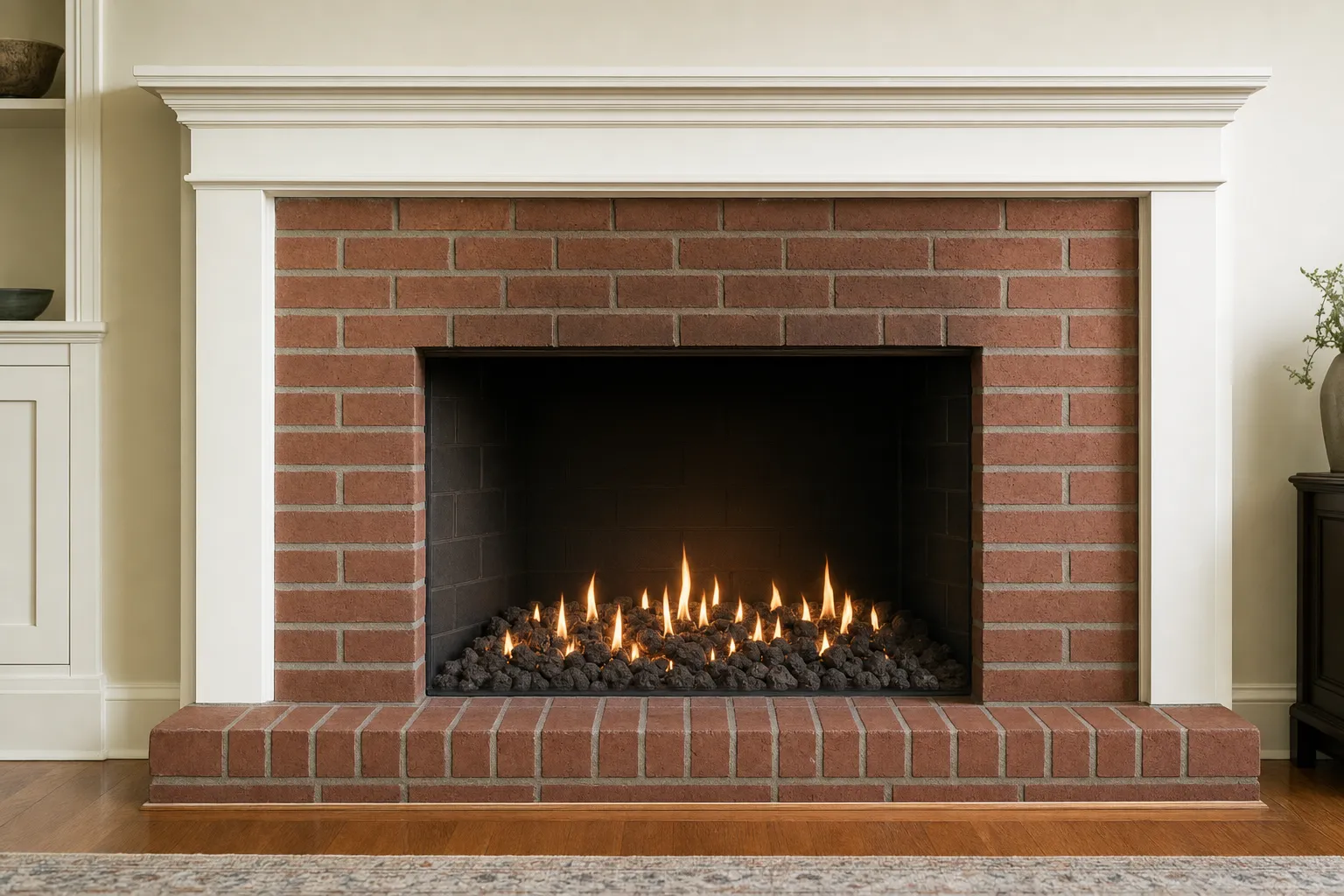 Design visualization, after: a red-brick masonry fireplace with dark volcanic lava rock under a soft flame in a black firebox