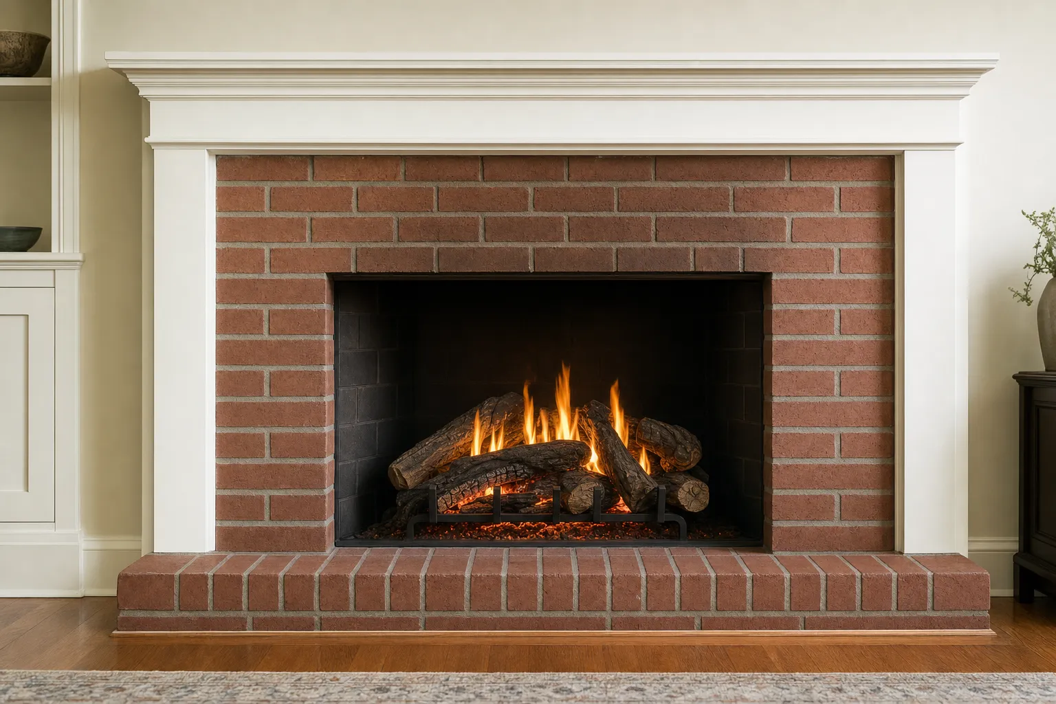 Design visualization, after: a red-brick masonry fireplace with traditional logs over an amber ember bed