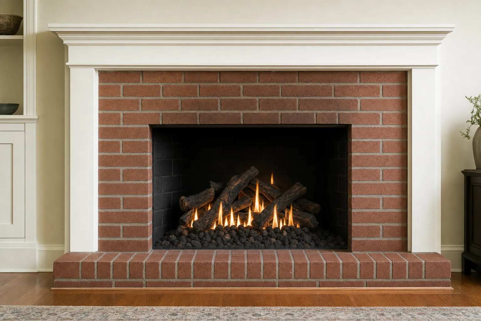 Design visualization, after: a red-brick masonry fireplace with dark realistic logs on black and bronze lava rock