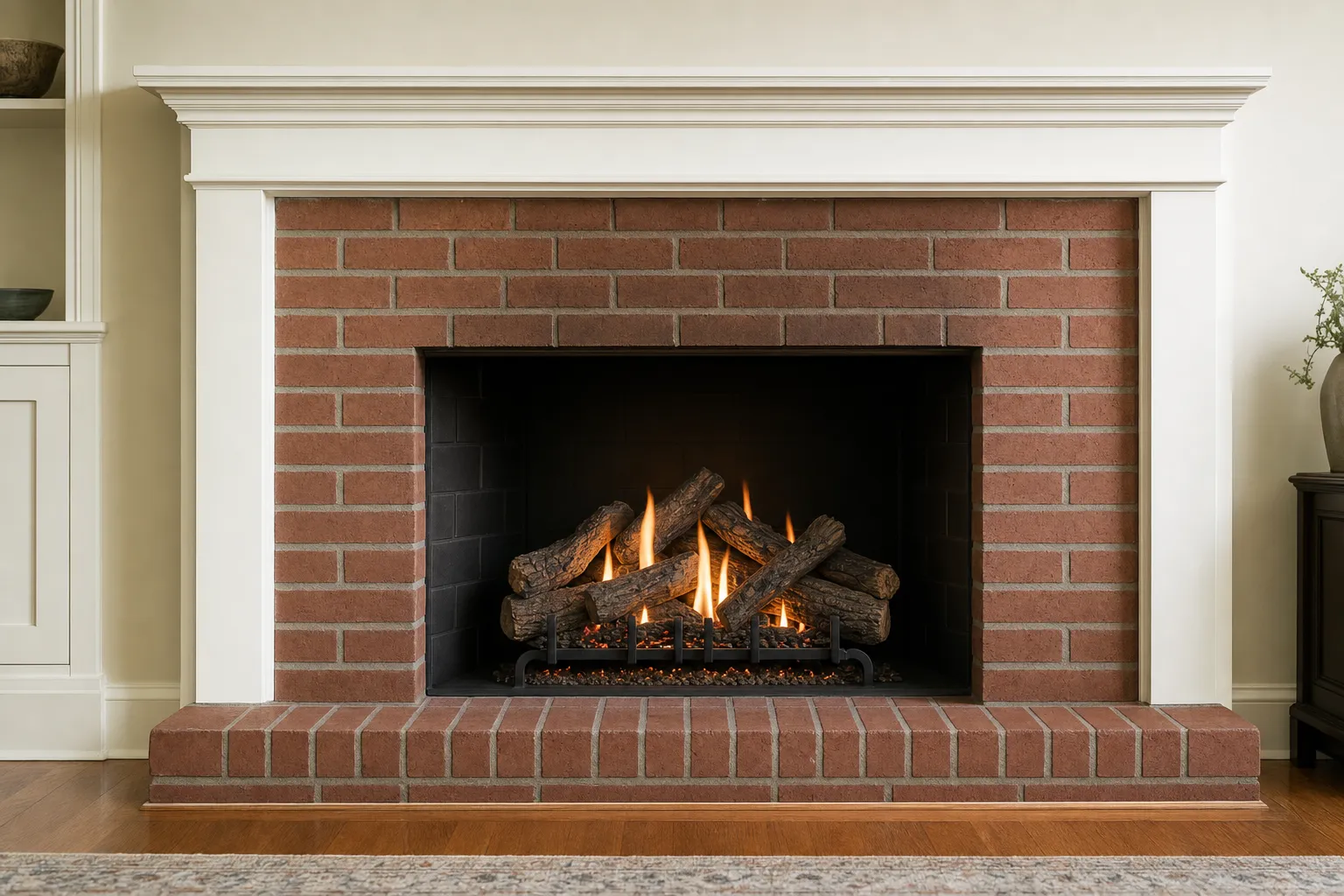 Design visualization, after: a red-brick masonry fireplace with premium realistic oak-style gas logs over a subtle ember bed