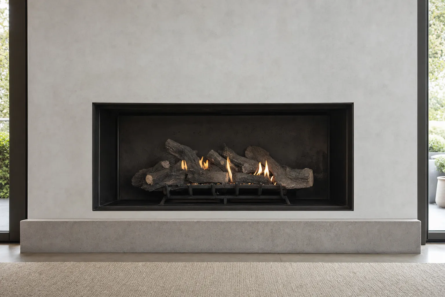 Design visualization, before: a modern rectangular fireplace in a light plaster wall with dated dark gas logs on a plain grate