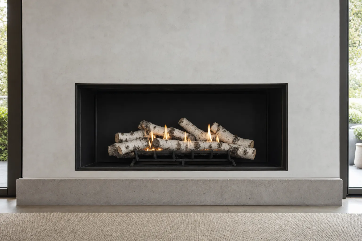Design visualization, after: a modern rectangular fireplace in a light plaster wall with white birch-style gas logs in a deep black firebox