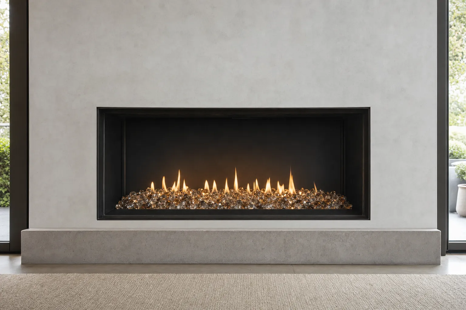 Design visualization, after: a modern rectangular fireplace in a light plaster wall with clear and amber fire glass under a low, even flame in a black firebox