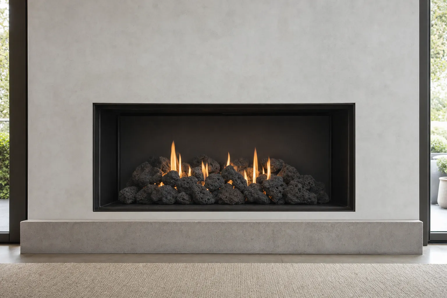Design visualization, after: a modern rectangular fireplace in a light plaster wall with dark volcanic lava rock under a soft flame in a black firebox