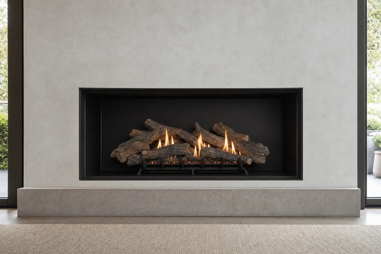 Design visualization, after: a modern rectangular fireplace in a light plaster wall with premium realistic oak-style gas logs over a subtle ember bed
