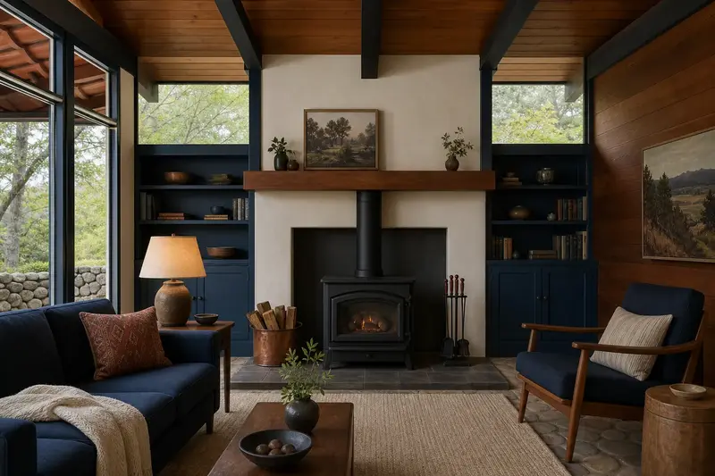 A calm sitting room with a cast-iron wood stove on a stone hearth pad, a clear hearth and fireplace tools on a stand, no one present; illustrative image