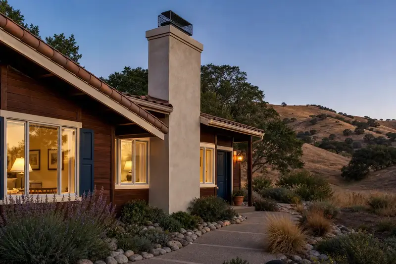A 1990s wood-sided contemporary house with a stucco-finished masonry chimney with a spark arrestor cap and a tidy front walk; illustrative image