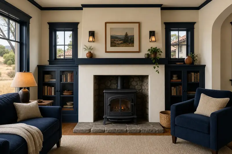 An empty, freshly painted living room with a cast-iron wood stove on a stone hearth pad awaiting new owners; illustrative image