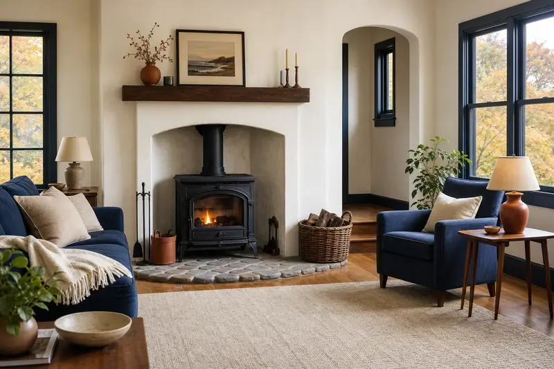 A hearth room with a cast-iron wood stove on a stone hearth pad, a clear hearth and soft window light; illustrative image