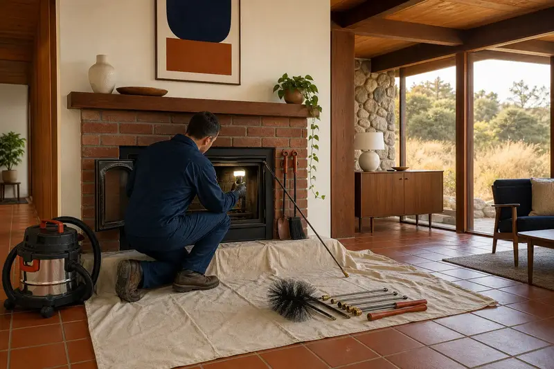 A technician holding an inspection light at a wood-burning insert in a brick opening, a brush kit waiting on the drop cloth; illustrative image