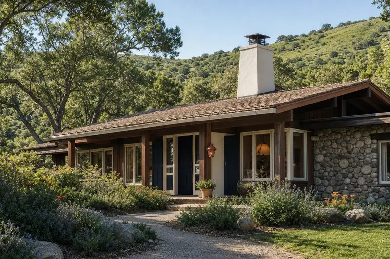 A 1970s mid-century post-and-beam house showing a stucco-finished masonry chimney with a spark arrestor cap rising above the roof; illustrative image