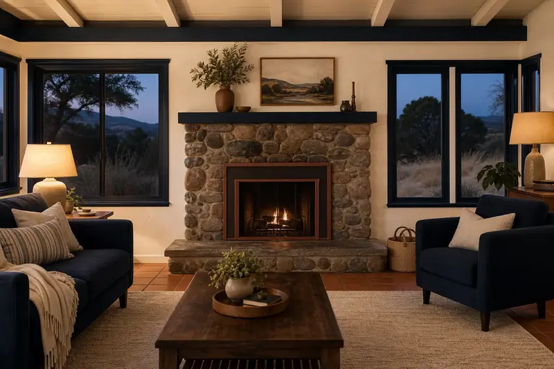A living room with a factory-built wood-burning fireplace with a stone facing seen straight on, its opening, hearth and surround clear; illustrative image