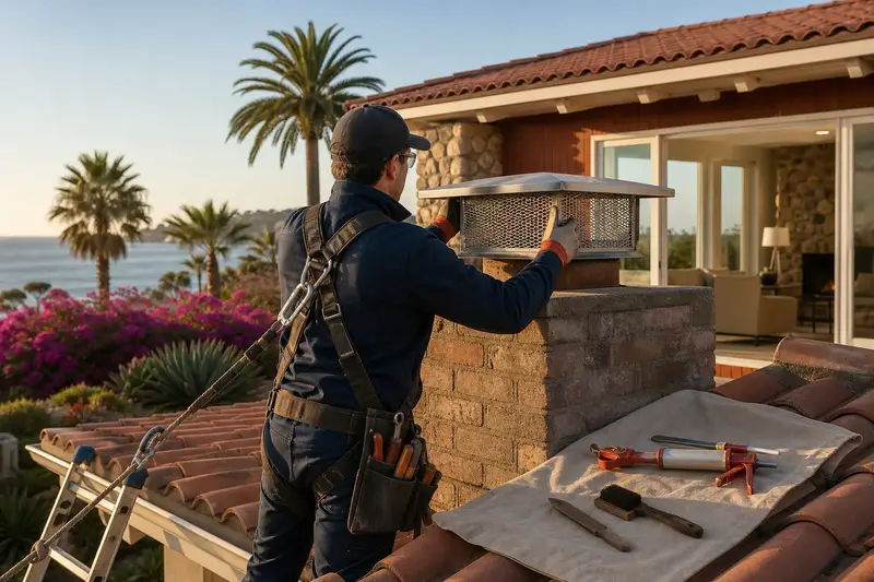 A harnessed technician setting a stainless steel mesh chimney cap onto a used-brick chimney with a spark arrestor cap; illustrative image