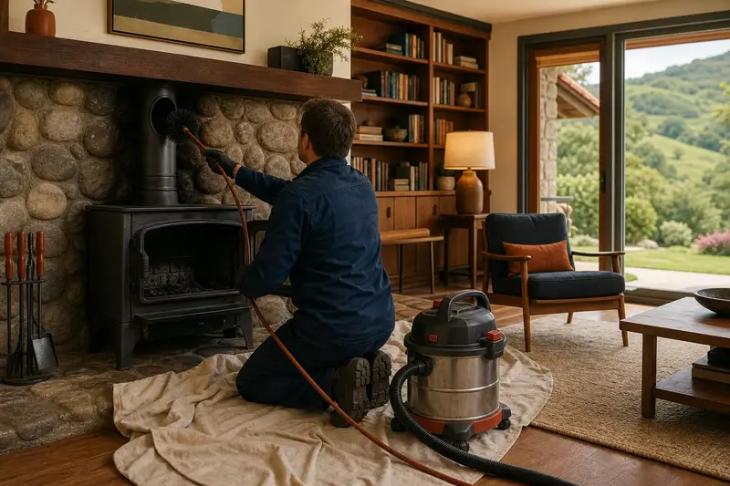 A technician feeding a rotary chimney brush up the flue of a cast-iron wood stove on a stone hearth pad, drop cloths and a sealed vacuum on the hearth; illustrative image