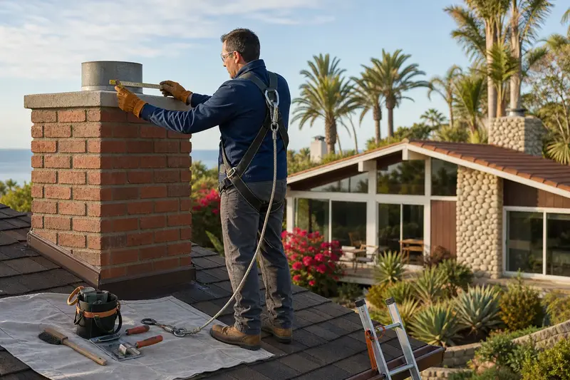 A harnessed mason measuring the crown of a brick chimney with a concrete crown on a composition shingle roof with a folding rule; illustrative image
