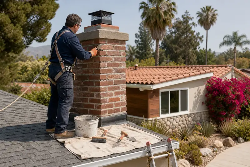 A harnessed mason repointing mortar joints on a brick chimney with a concrete crown on a composition shingle roof with a pointing trowel; illustrative image