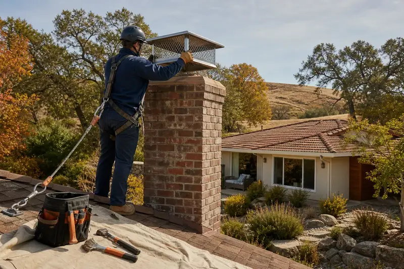 A harnessed technician setting a stainless steel mesh chimney cap onto a used-brick chimney with a spark arrestor cap; illustrative image
