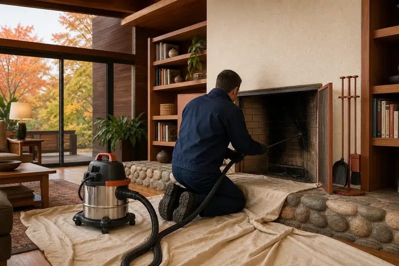 A technician kneeling at an open masonry wood-burning fireplace with a sealed vacuum and drop cloths, the fireplace cold and unlit; illustrative image