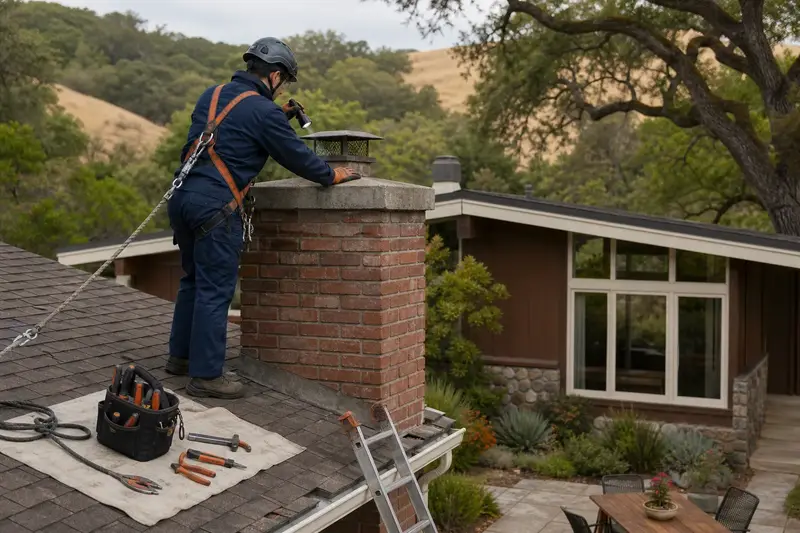 A harnessed technician examining the top of a brick chimney with a concrete crown on a composition shingle roof with a flashlight from a dry roof surface; illustrative image