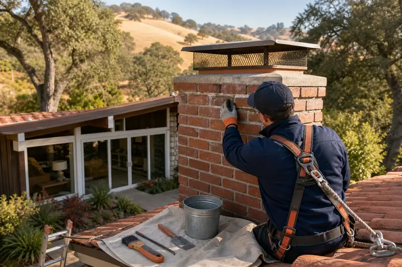 A harnessed mason examining the brickwork of a used-brick chimney with a spark arrestor cap with a gloved hand; illustrative image