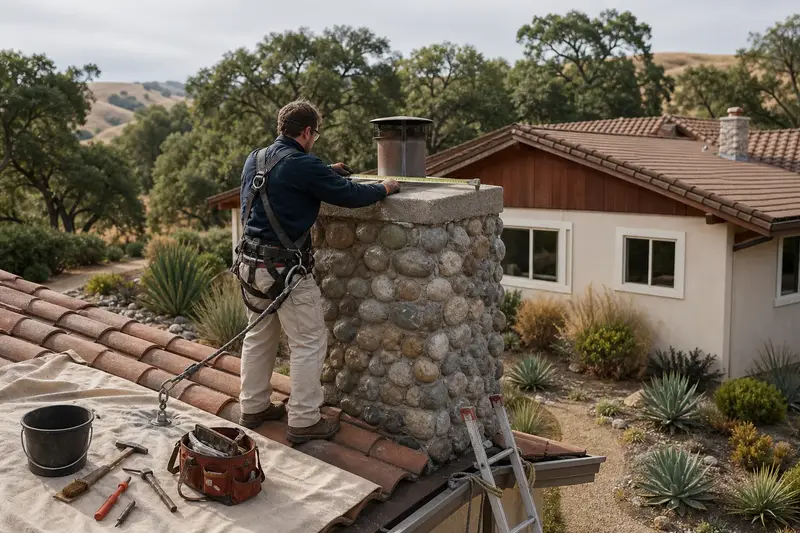 A harnessed mason measuring the crown of a river rock chimney on a low-pitched roof with a folding rule; illustrative image