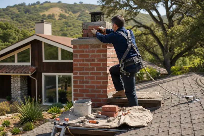 A harnessed mason setting a replacement brick near the top of a brick chimney with a concrete crown on a composition shingle roof; illustrative image