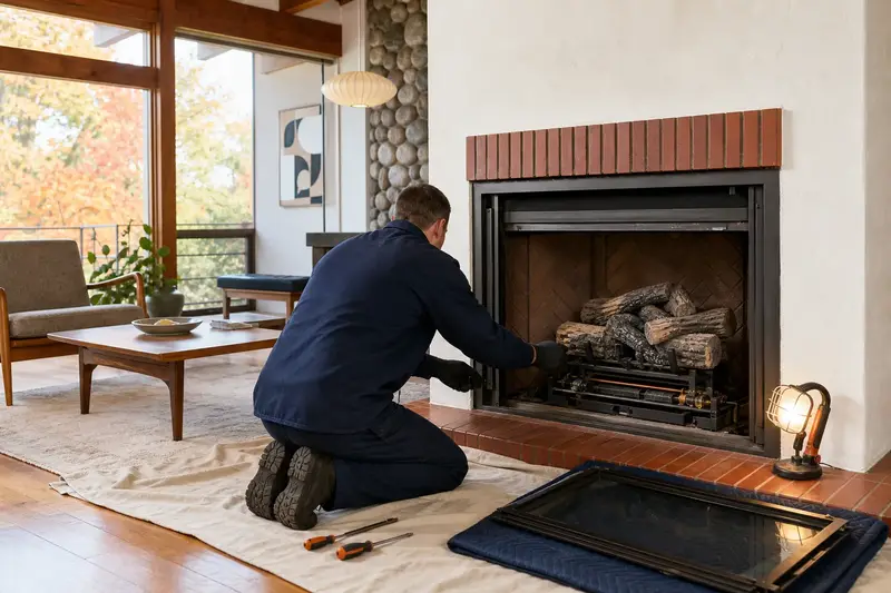 A technician checking the burner and log placement of a direct-vent gas fireplace with the gas off and the glass set aside; illustrative image