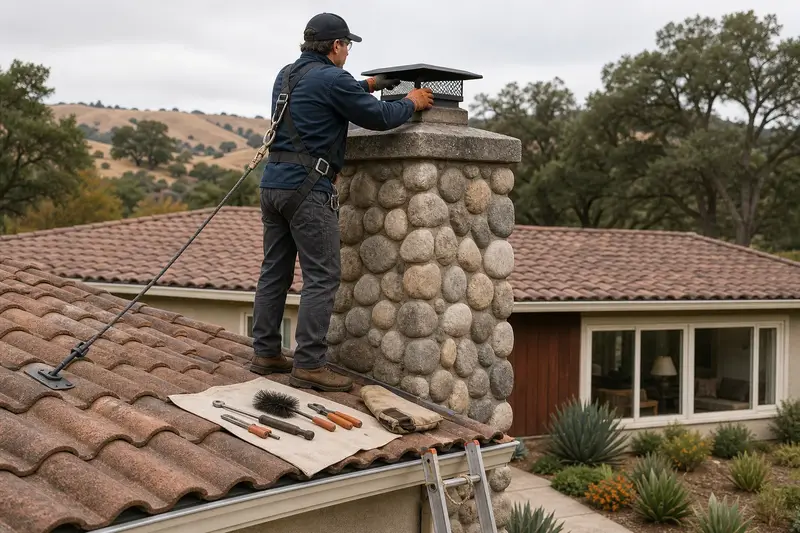 A harnessed technician checking the cap and crown of a river rock chimney on a low-pitched roof before the heating season; illustrative image