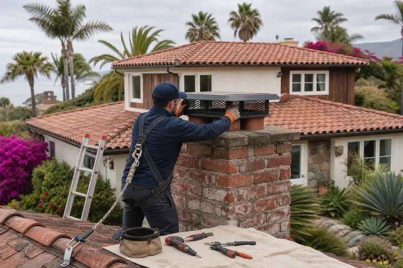 A harnessed technician fastening a multi-flue cap over the crown of a used-brick chimney with a spark arrestor cap; illustrative image