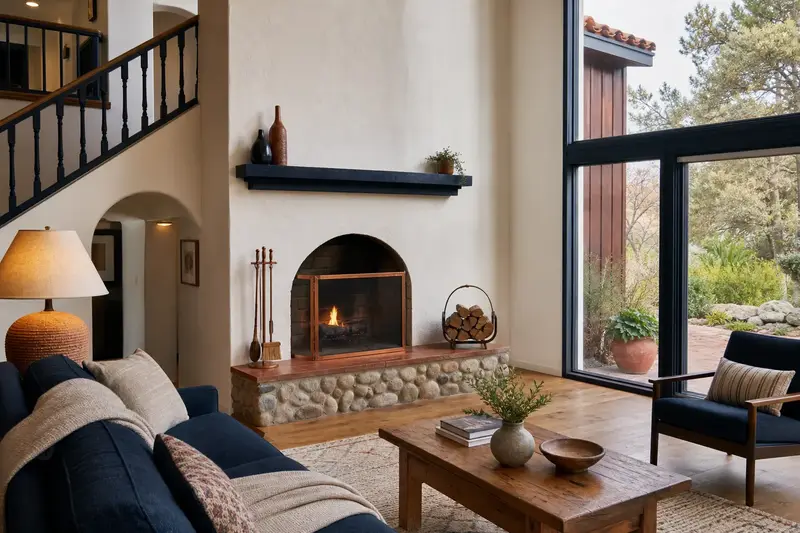 A tidy hearth room with an open masonry wood-burning fireplace, a cleared hearth, fireplace tools and split firewood; illustrative image