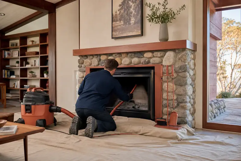 A technician kneeling at a factory-built wood-burning fireplace with a stone facing with a sealed vacuum and drop cloths, the fireplace cold and unlit; illustrative image