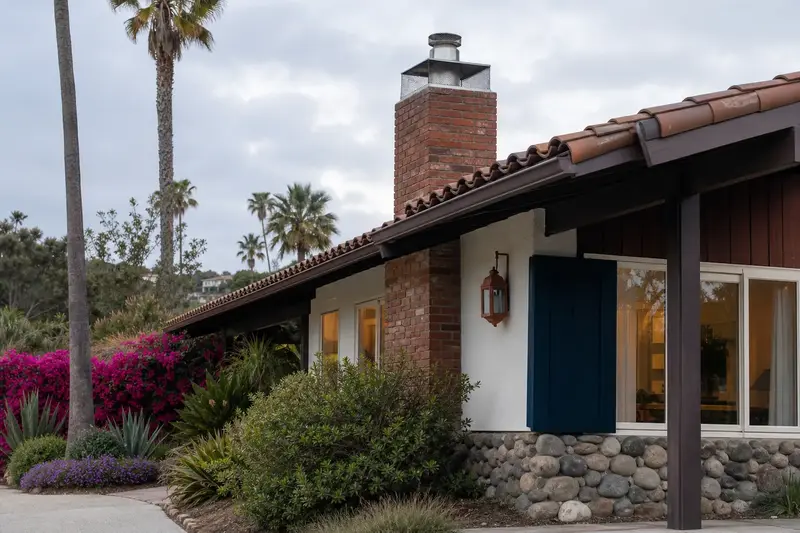 A 1970s mid-century post-and-beam house with a used-brick chimney with a spark arrestor cap and a stainless steel cap; illustrative image