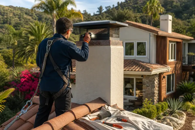 A harnessed technician examining the top of a stucco-finished masonry chimney with a spark arrestor cap with a flashlight from a dry roof surface; illustrative image