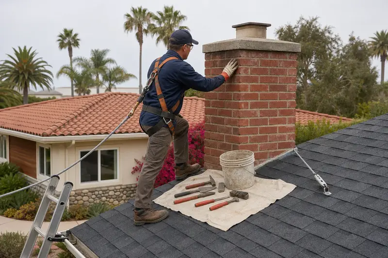 A harnessed mason examining the brickwork of a brick chimney with a concrete crown on a composition shingle roof with a gloved hand; illustrative image