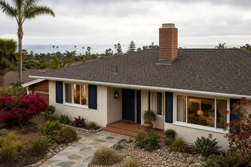 A 1970s stucco ranch house with a brick chimney with a concrete crown on a composition shingle roof and neat, even mortar joints; illustrative image