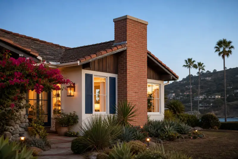 A 1970s coastal contemporary house with a brick chimney with a concrete crown on a composition shingle roof and neat mortar joints; illustrative image