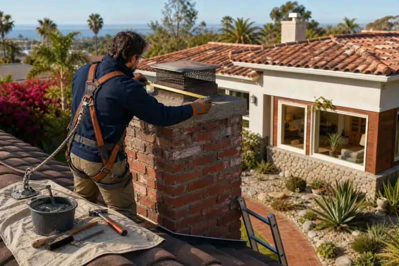 A harnessed mason measuring the crown of a used-brick chimney with a spark arrestor cap with a folding rule; illustrative image