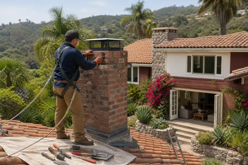 A harnessed mason setting a replacement brick near the top of a used-brick chimney with a spark arrestor cap; illustrative image
