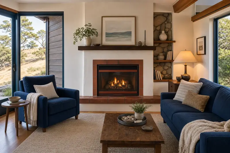 A living room with a vented gas log set in a masonry firebox glowing warmly behind glass, no one present; illustrative image