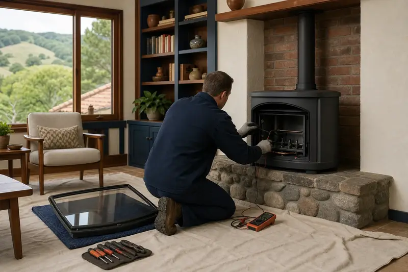 A technician testing the igniter of a freestanding gas stove with the glass front set aside; illustrative image