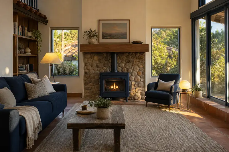 A warm living room with a freestanding gas stove glowing softly behind its glass, no one present; illustrative image